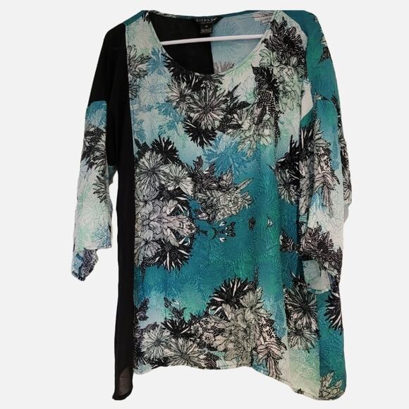 Citron Aqua Floral Pullover Silk Top with Sheer Black Asymmetric Panel, Sz Med - Picture 1 of 8